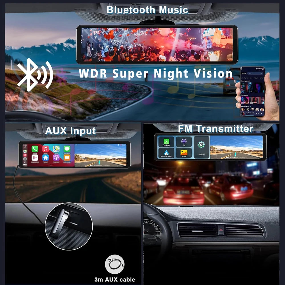 11.26 Inch 4K Car DVR With CarPlay Android Auto Dash Cam GPS WiFi