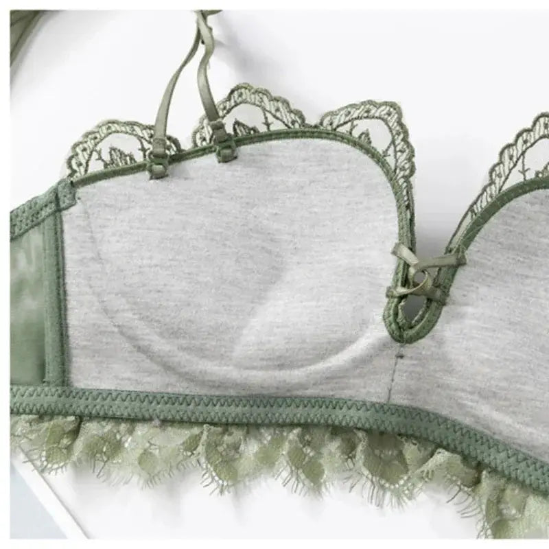 Green lace floral embroidery wireless bralette with scalloped trim and adjustable straps