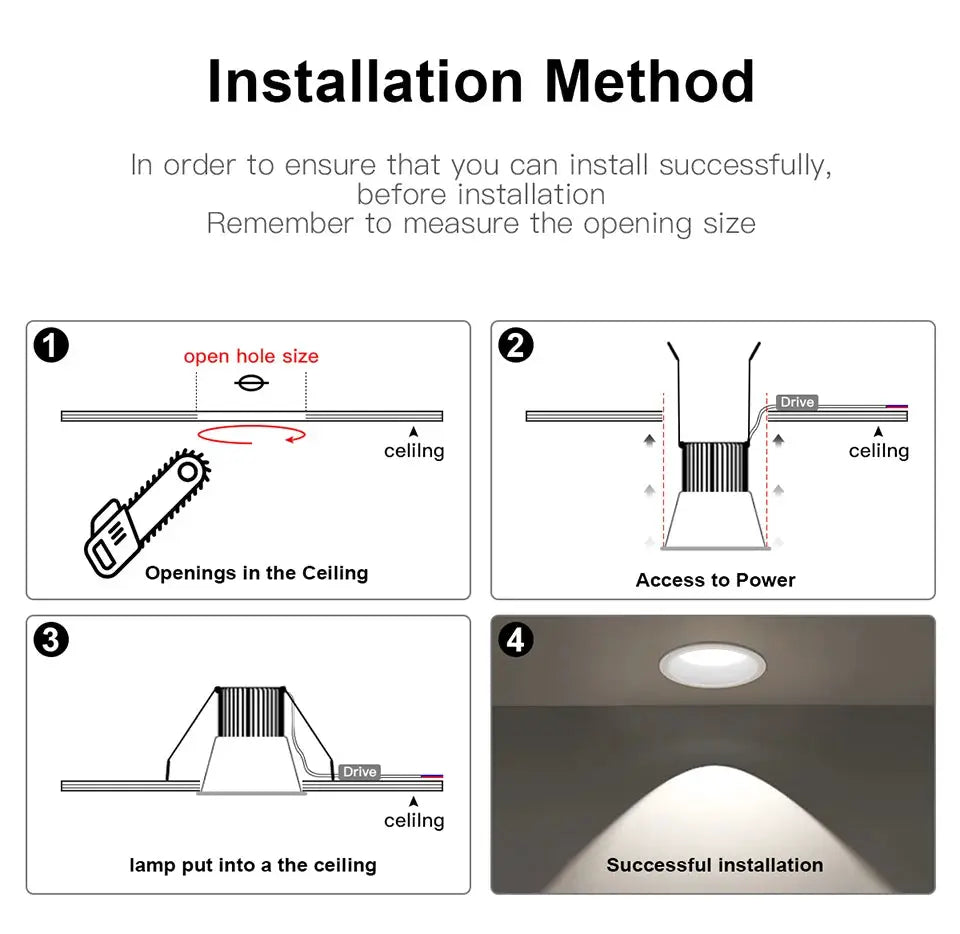 Simples Market aluminum LED spot light installation guide with four ceiling downlight diagrams