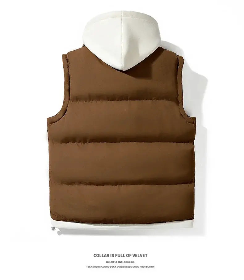 Men's brown padded hooded vest, sleeveless windproof cotton jacket.