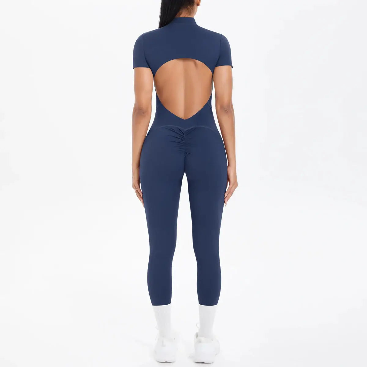 Jumpsuit navy backless scrunch bodycon for women, short sleeves, open-back ruched detail for dance fitness