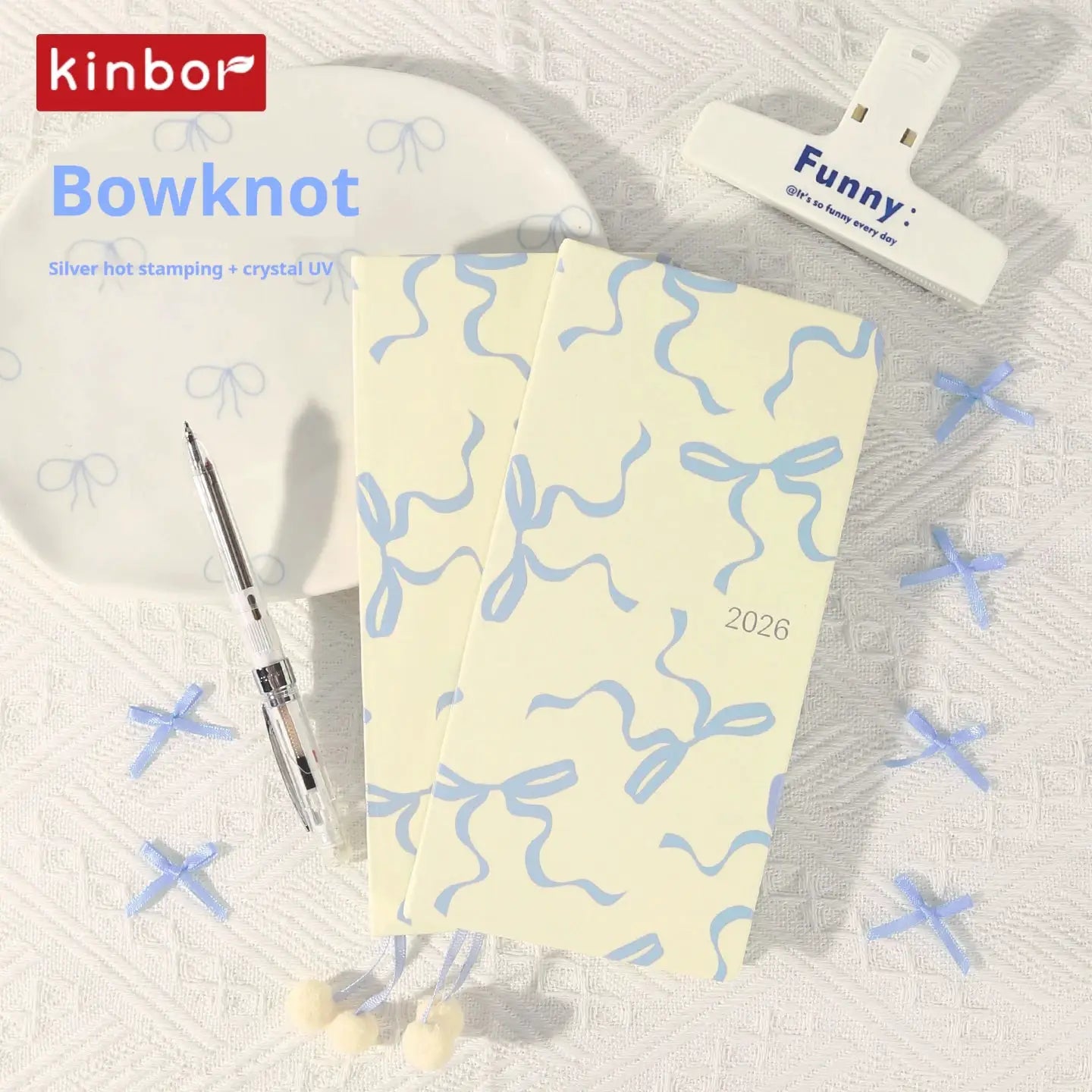 Kinbor 2026 weekly planner pocket notebooks, cream covers with blue ribbon pattern, two-pack, Simples Market