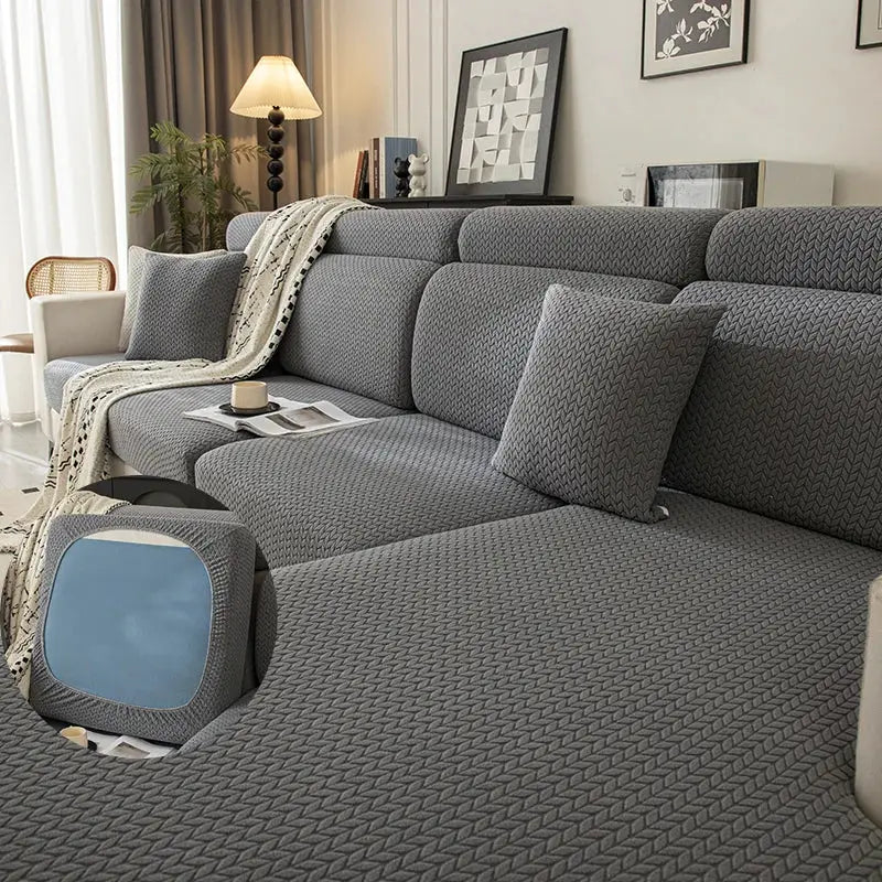 Sofa cover set in grey plush elastic fabric with matching cushion covers
