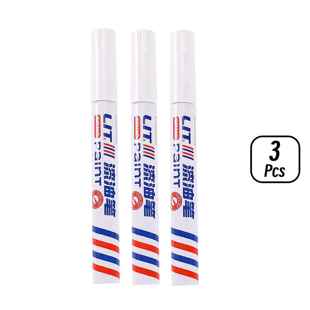 Permanent paint marker pens set: 3 white markers with red-blue striped barrels, waterproof ink