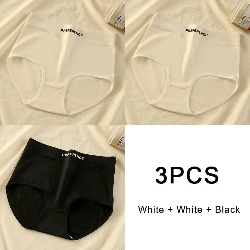 3-piece women's high-waist cotton panty set in white, white, and black with PREFERENCE waistband