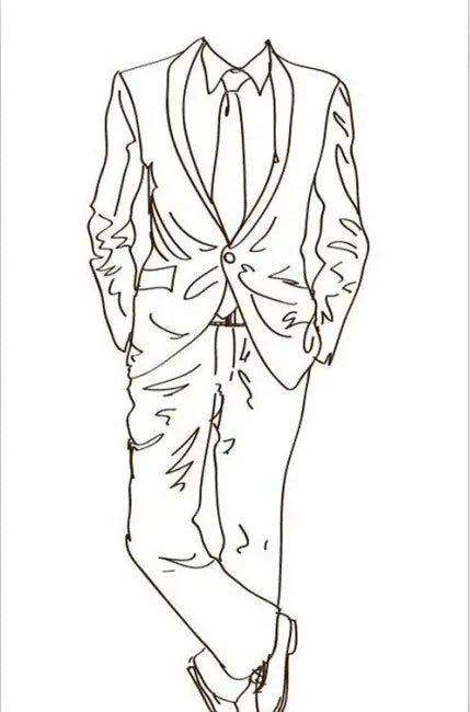 Women's two-piece suit set with peak-lapel blazer and pants, line-art illustration.