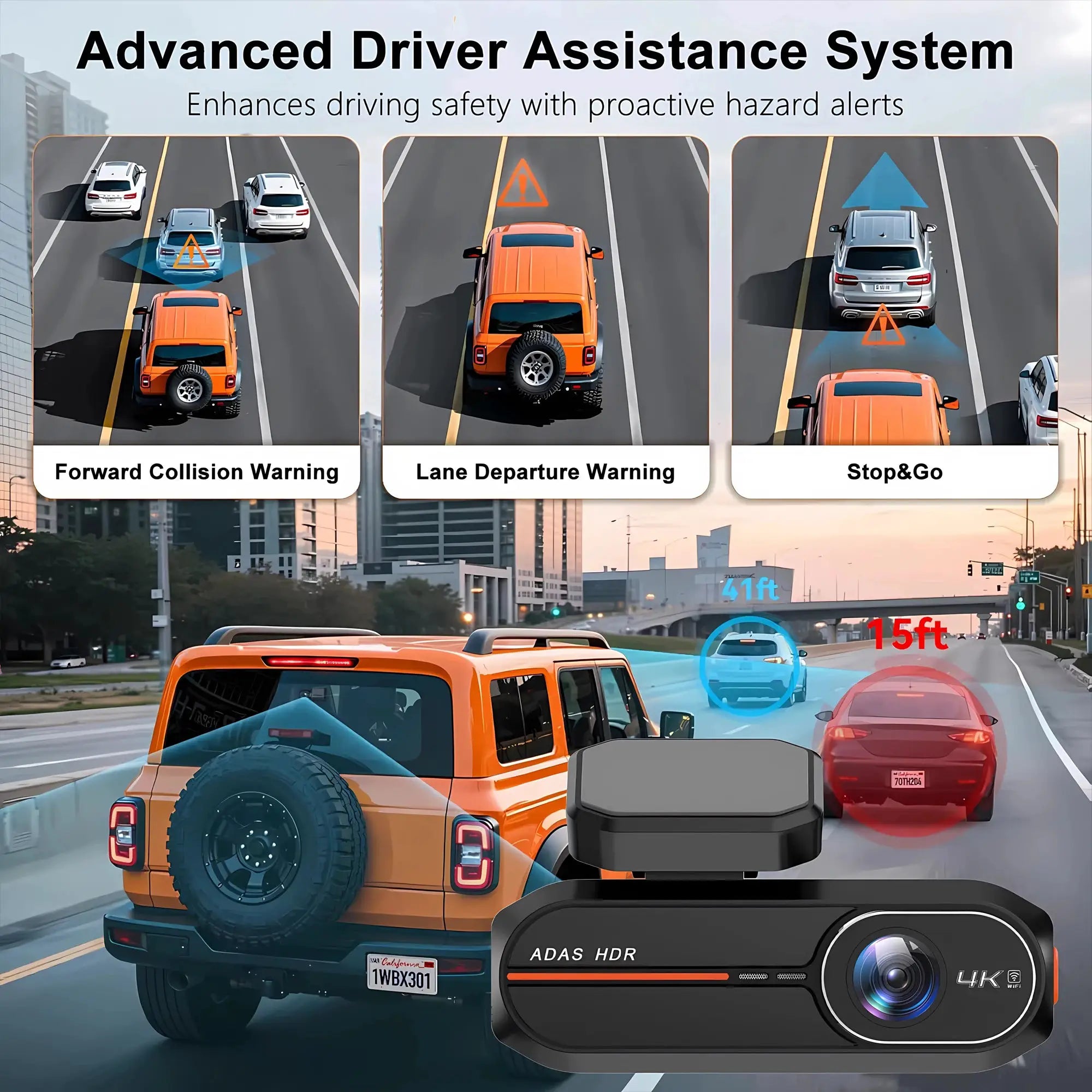 Black 4K front/rear dash cam with WiFi, GPS, ADAS and 24H night vision DVR
