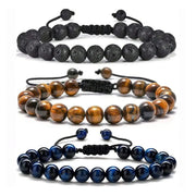 Three Style 8mm Natural Tiger Eye and Lava Rock Handmade Bracelets for Men Gift Set