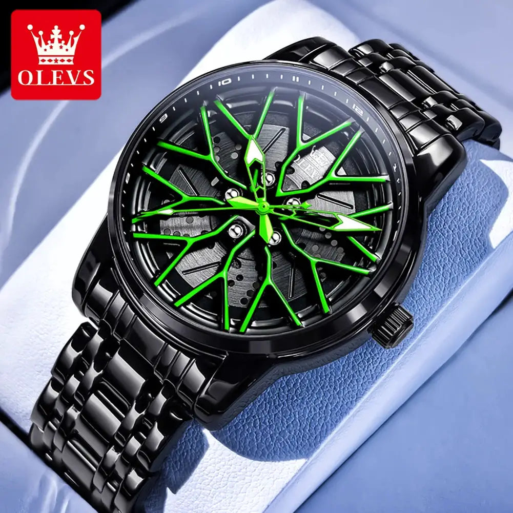 OLEVS men's black stainless steel watch with neon-green skeleton dial and visible gears