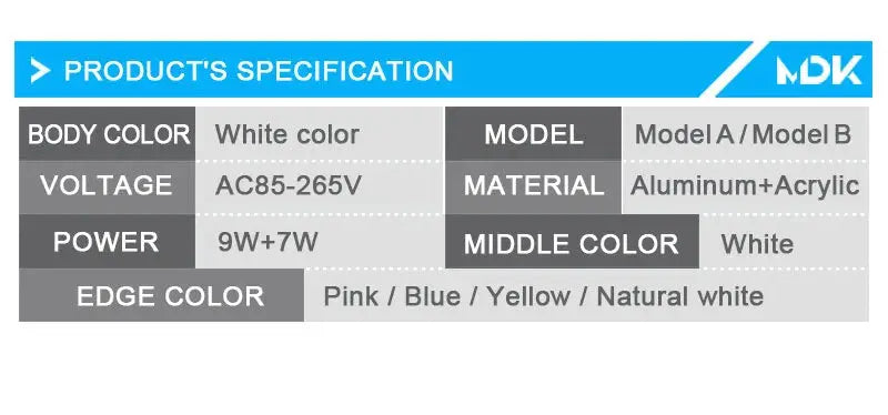 LED downlight: white body, aluminum+acrylic, AC85-265V, 9W+7W, edge pink/blue/yellow/natural white, model A/B, MDK