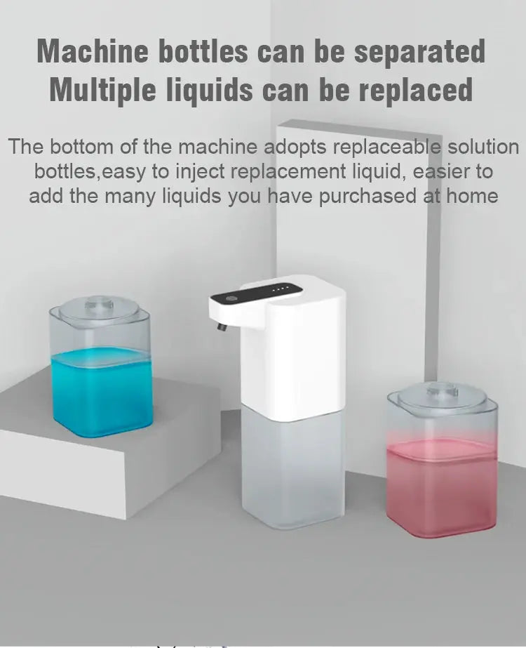Simples Market automatic touchless soap dispenser with infrared sensor, white body flanked by blue and pink bottles