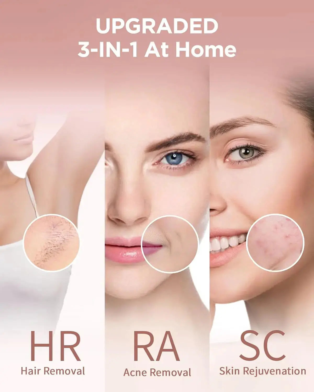 Simples Market 3-in-1 IPL hair removal device for face and body; at-home use, skin rejuvenation, acne removal.