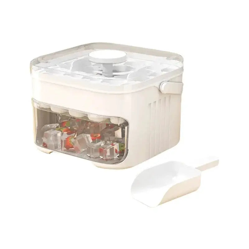 Simples Market 50-grid press-type ice cube mold with lid, double-layer ice tray, white with scoop