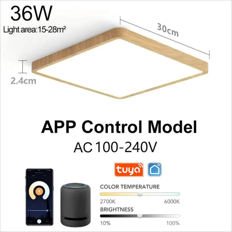 MARPOU Tuya Smart wood-grain square LED ceiling lamp, 30cm, 36W, app and voice remote control