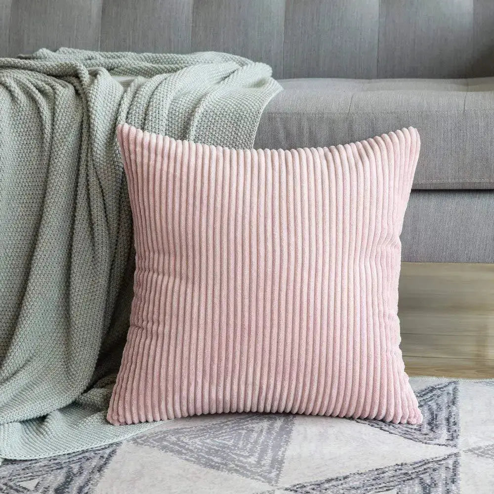 Pink corduroy cushion cover with vertical ridges for living room sofa