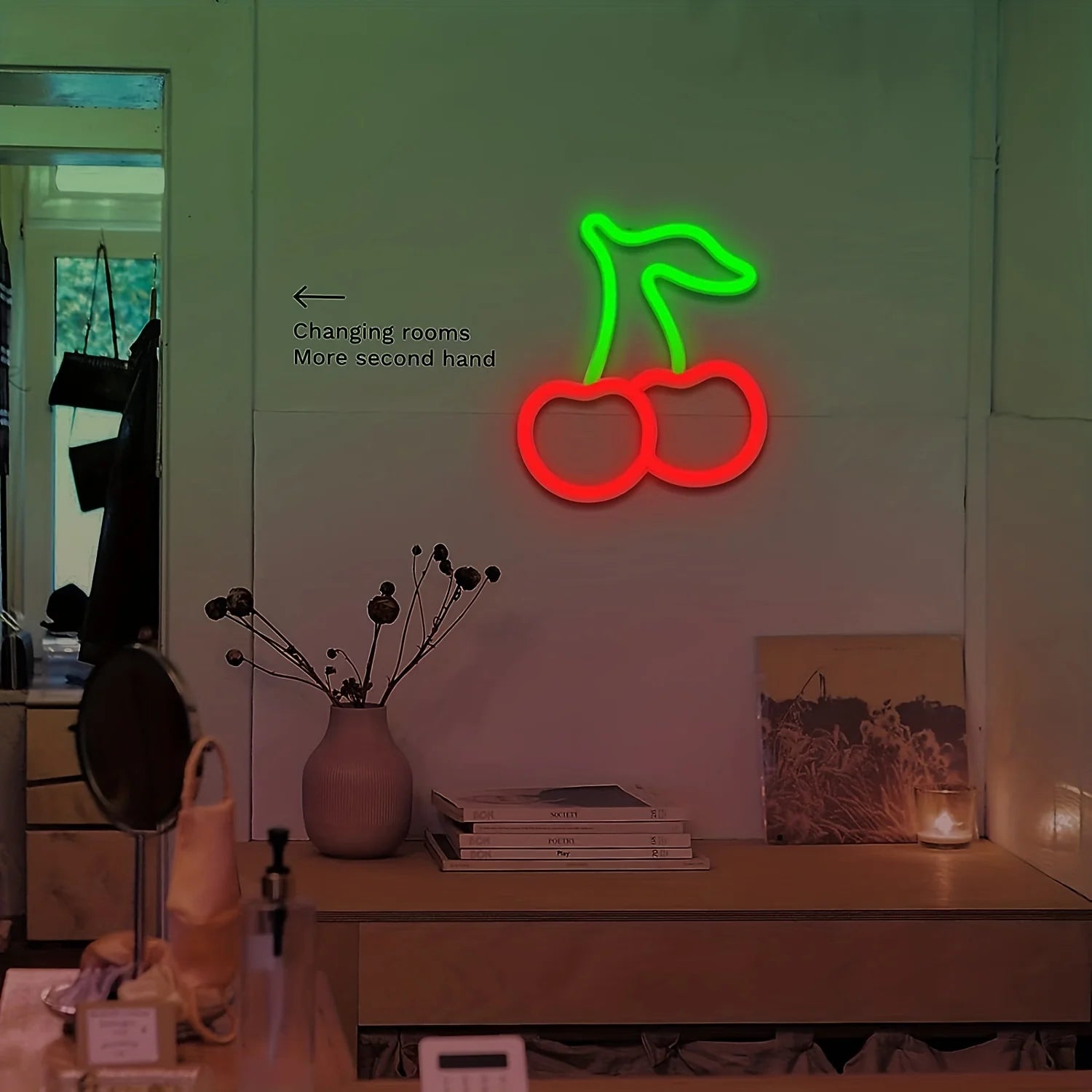Cherry neon LED sign with red cherries and green stem, wall-mounted decorative light