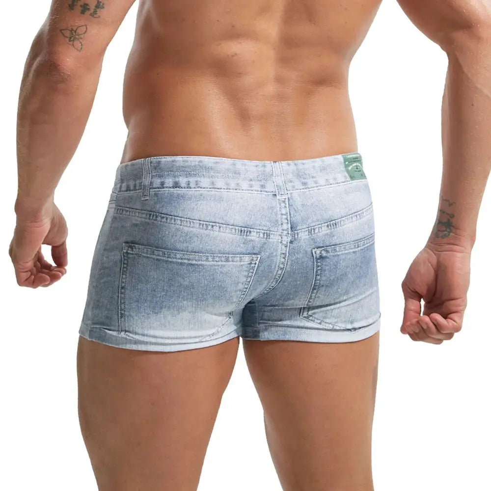 2XL Simples Market denim printed swim trunks with light wash, back pockets, green brand patch