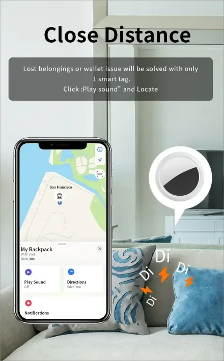 JSPTEC Airtag Bluetooth GPS Tracker white circular tag with phone map display