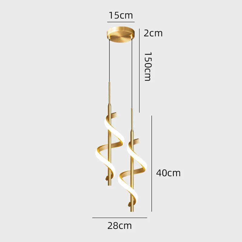 Lustre LED pendant light, gold double-spiral design for ceiling fixture in kitchen/dining by Simples Market