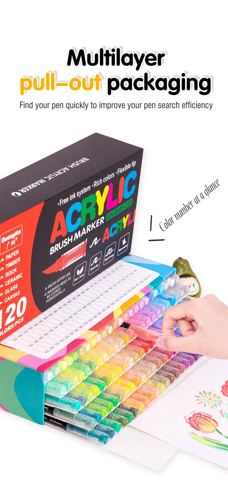 Simples Market acrylic brush marker set, 120 colors, waterproof; soft brush nib in pull-out packaging
