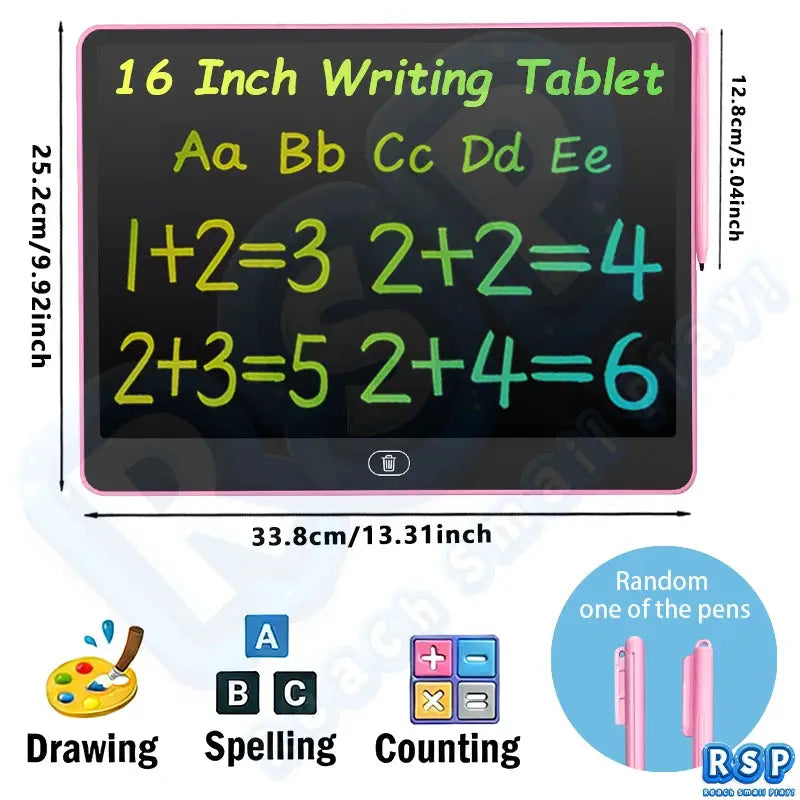 Simples Market 16-inch pink LCD writing tablet with two pens; educational drawing, spelling and counting board