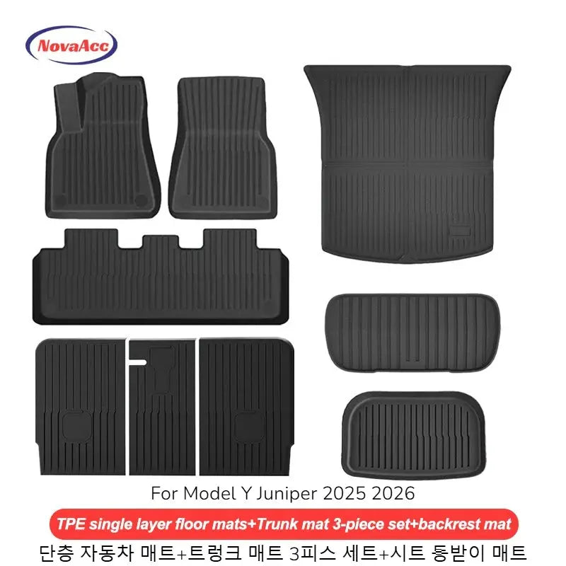 NovaAcc all-weather TPE floor mats and trunk liner set for Tesla Model Y (2025–2026), black, multi-piece