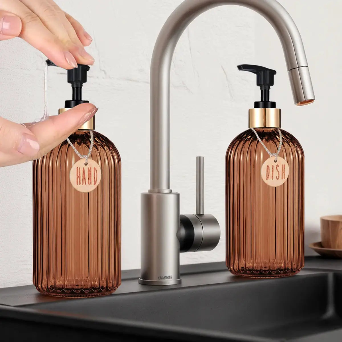 Amber Dish Soap Dispenser Bottle 500ml Reusable Hand Press Kitchen