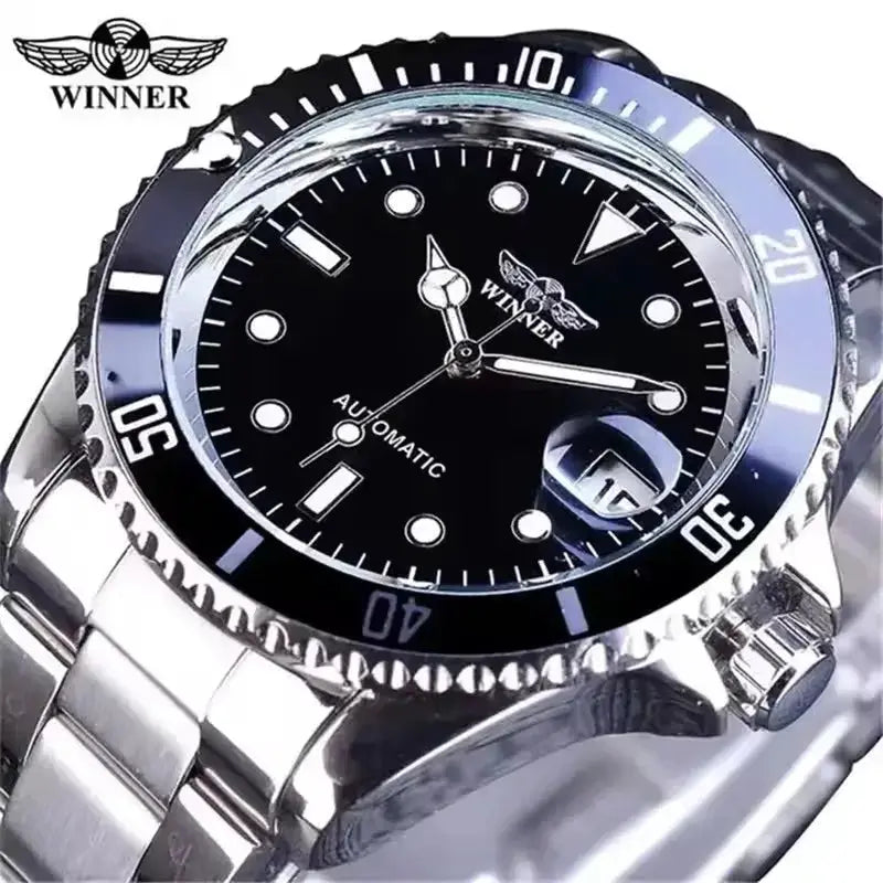 Winner 002 Automatic Mechanical Wristwatch Luminous Hands And Date Display Stainless Steel And Leather Strap For Men