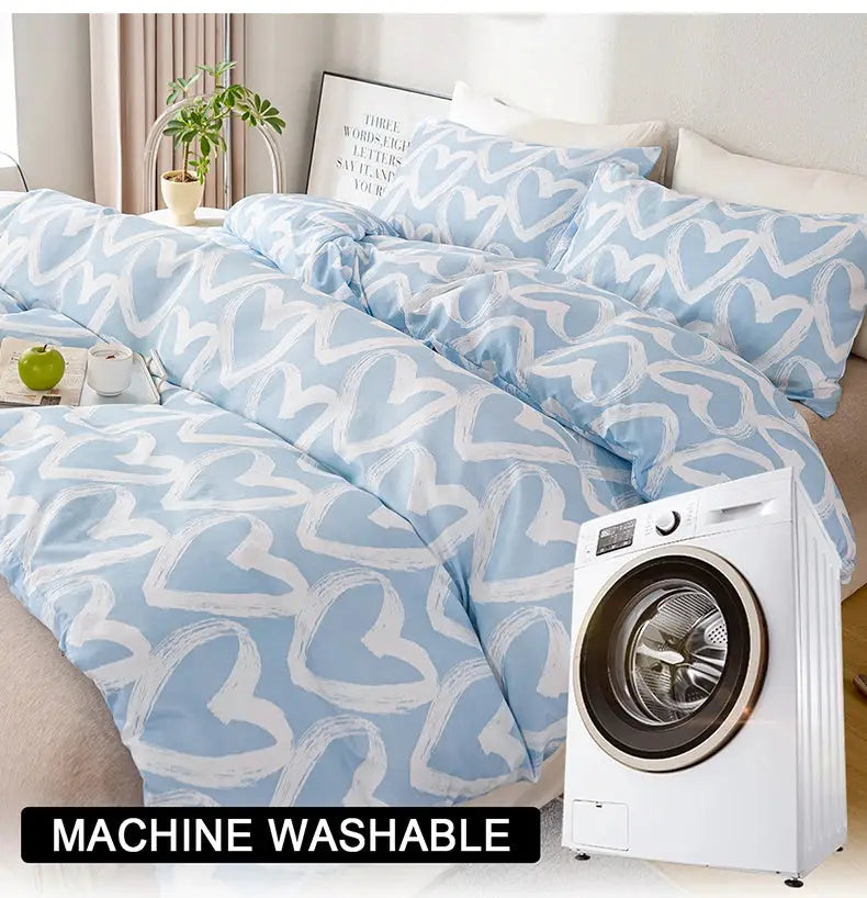 3pc heart-print duvet cover set by Simples Market, blue and gray; 1 duvet cover + 2 pillowcases, machine washable.