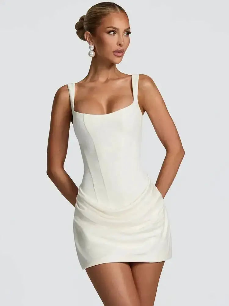 Mozision Backless Ruched Mini Dress With Tapered Straps Square Collar