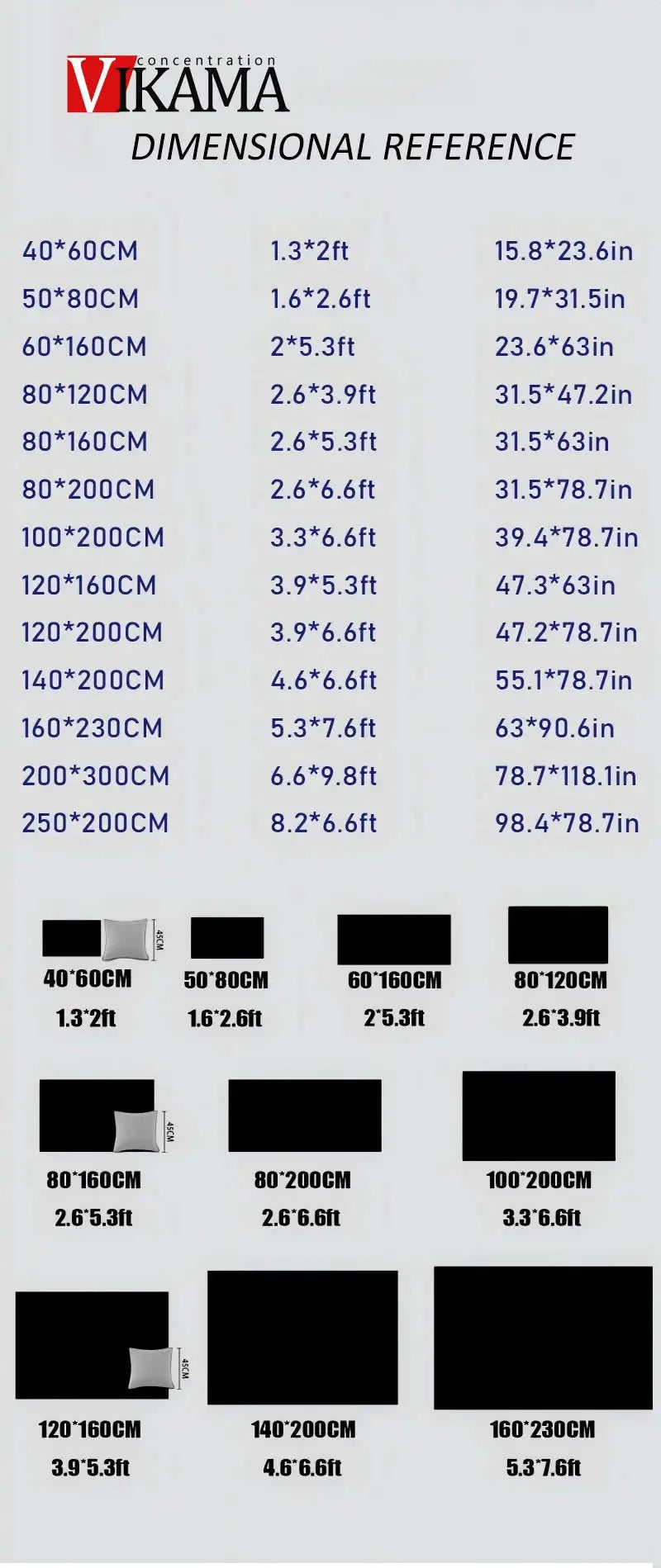 VIKAMA black shag area rug size chart with dimensions and swatches