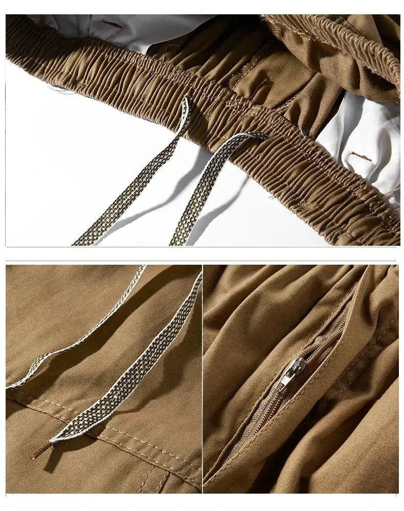 Mens cargo shorts cotton brown by Simples Market with elastic waist, drawstring, and zipper pocket