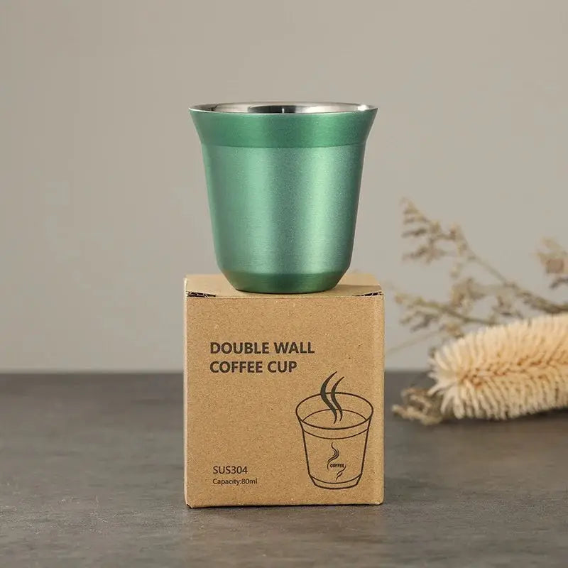 Stainless Steel Double Wall Insulated Cup 80ml Flat Bottom Capsule Coffee Cup With Inner Tank