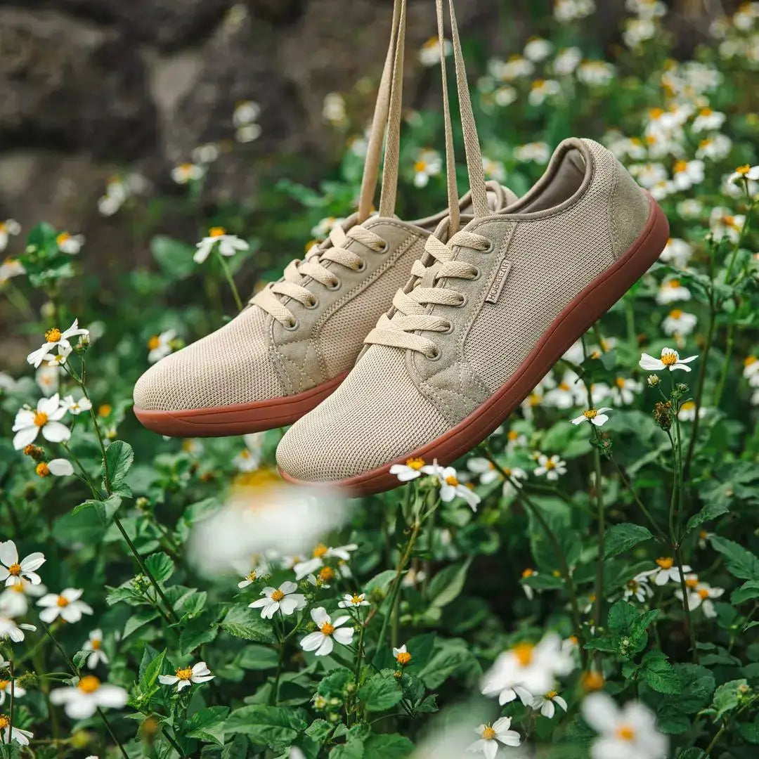HOBIBEAR unisex barefoot shoes, beige mesh pair with brown sole