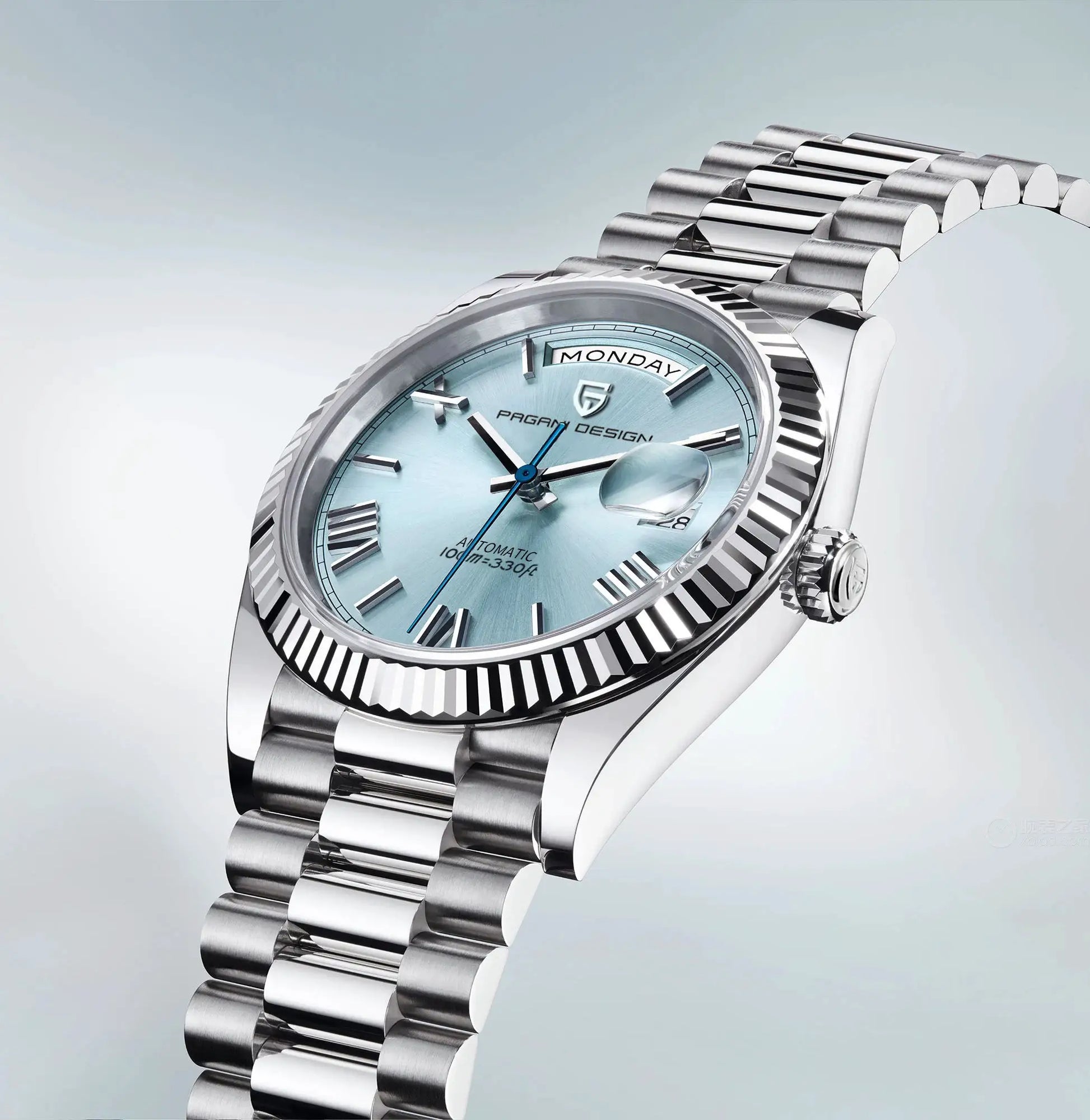 Pagani Design men's stainless steel automatic watch with light blue dial and fluted bezel