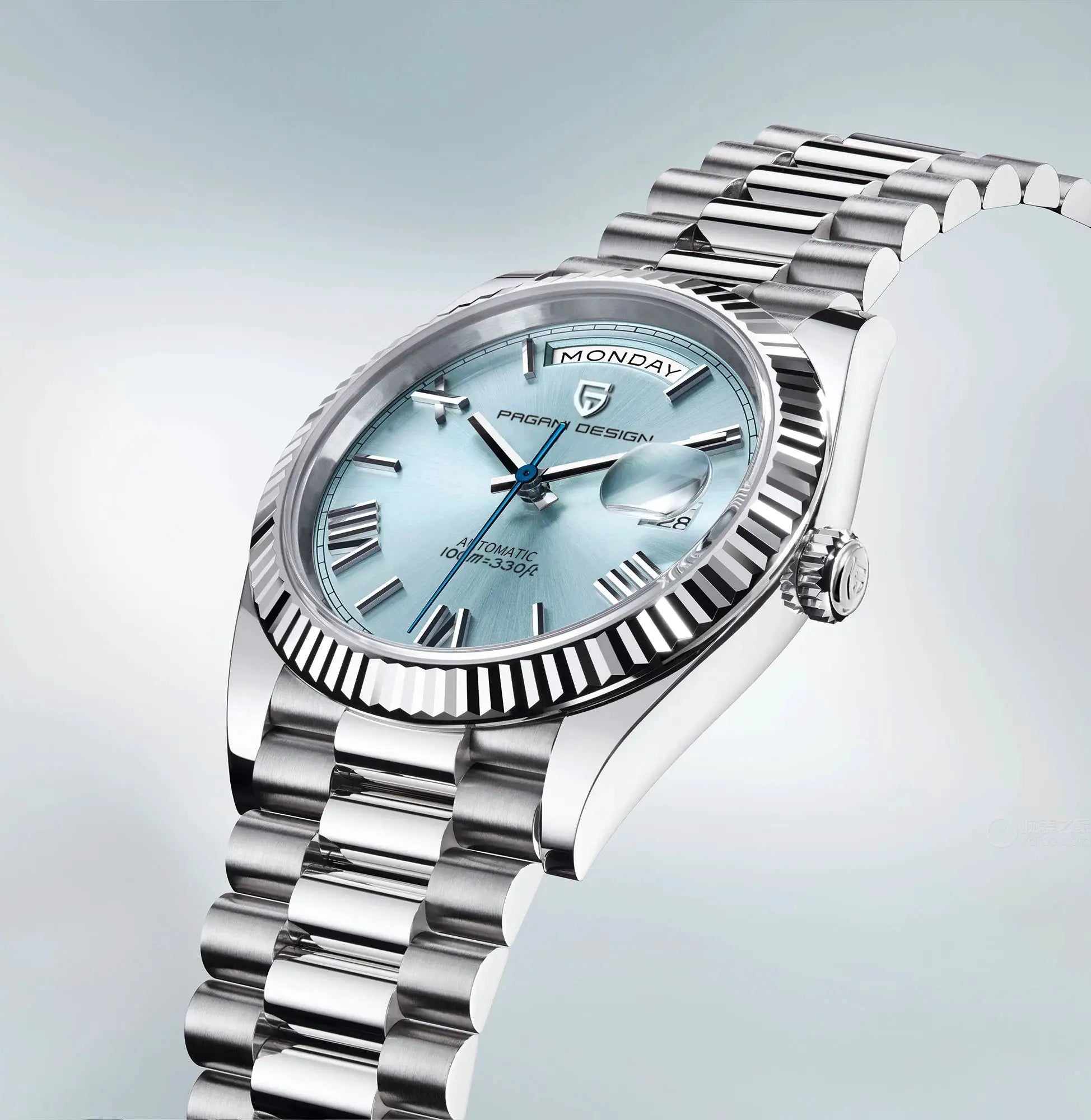 Pagani Design men's stainless steel automatic watch with light blue dial and fluted bezel
