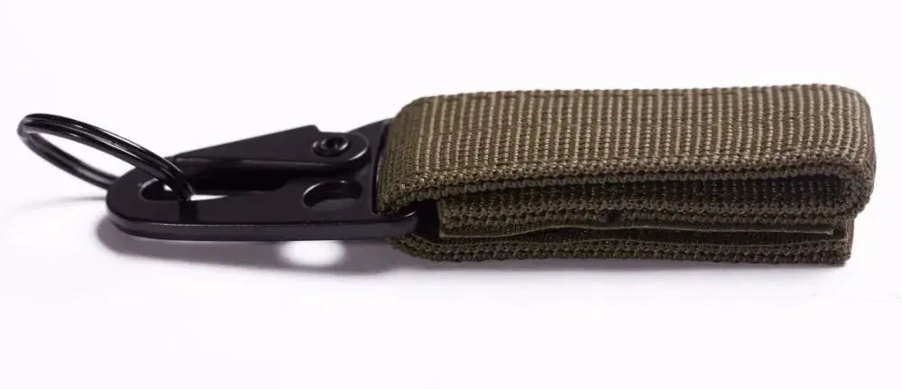 Carabiner key hook with olive green nylon MOLLE webbing strap, high-strength camping accessory