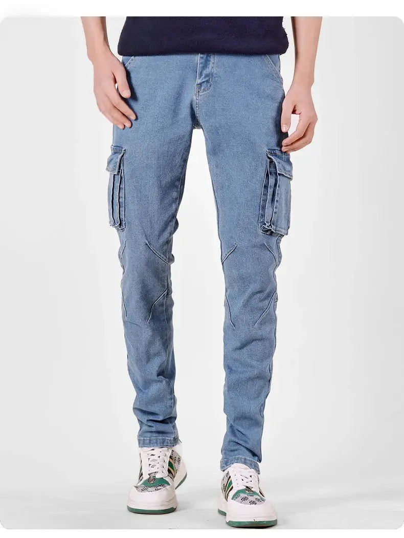 Men's light blue denim cargo pants with multiple pockets, slim fit casual jeans