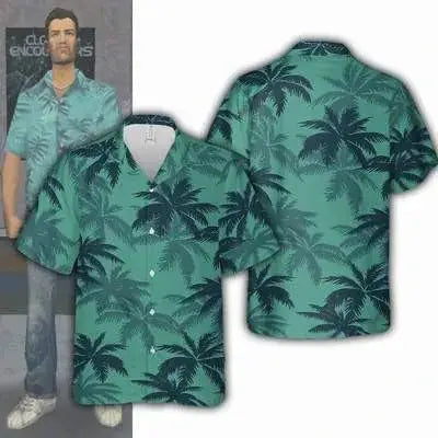 Hawaiian palm tree print shirts, teal green, casual unisex vacation wear, 2 shirts shown