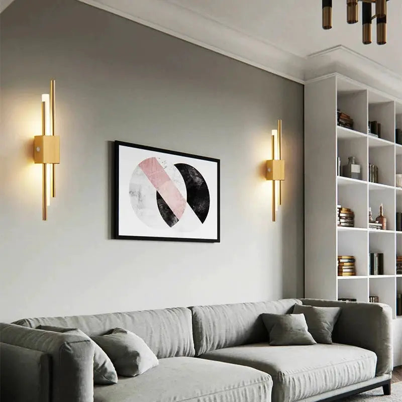 Pair of Nordic LED wall lamps with gold finish, modern wall light for living room