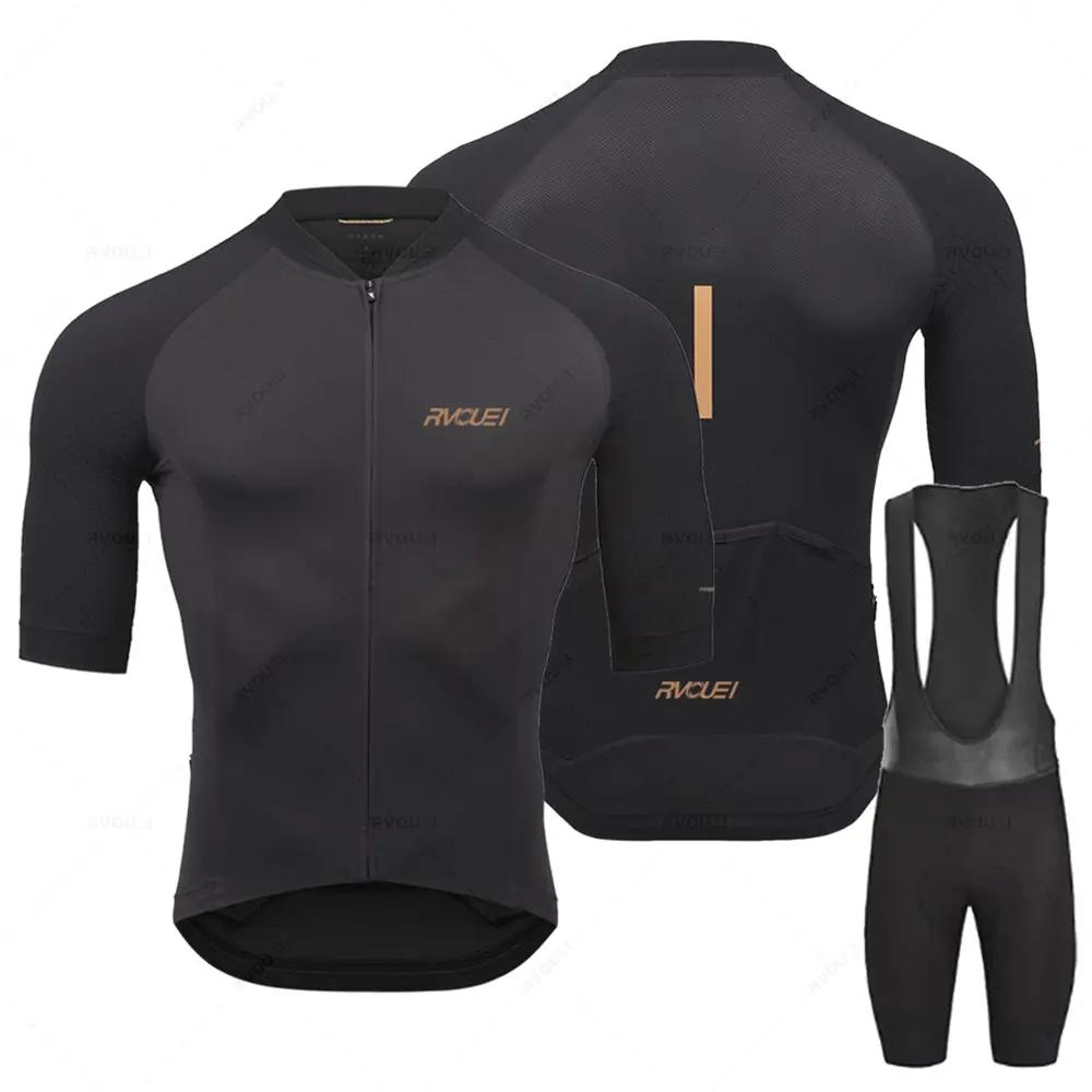 Rvouei Pro Team cycling jersey set for men; black breathable 2-piece road bike wear with jersey and bib shorts