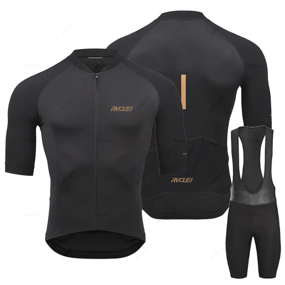 Rvouei Pro Team cycling jersey set for men; black with orange logo, breathable zip jersey and bib shorts.