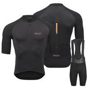 Rvouei Pro Team cycling jersey set for men; black with orange logo, breathable zip jersey and bib shorts.