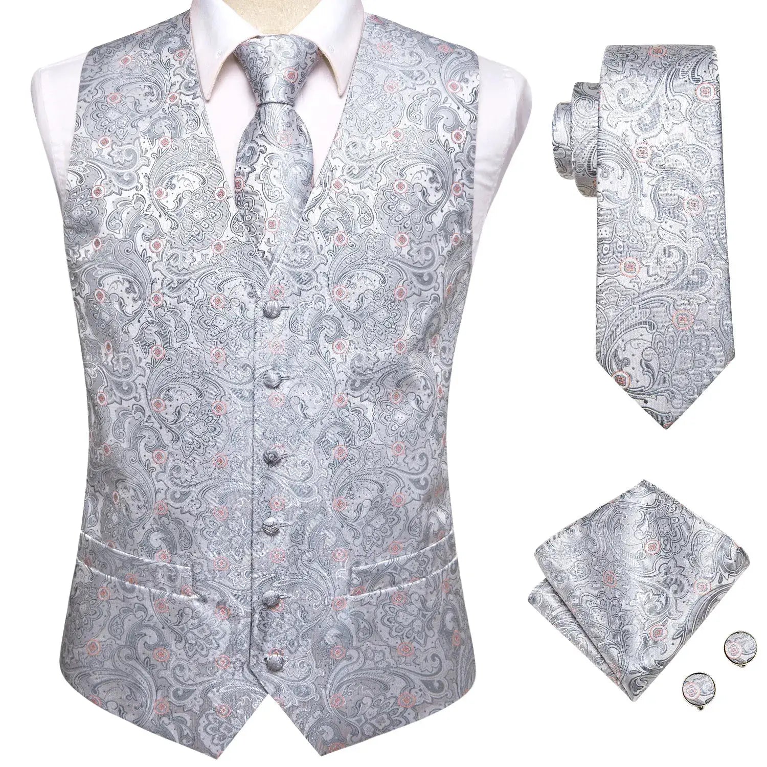 Simples Market men's wedding vest set with paisley pattern; tie, pocket square and cufflinks in silver and pink.