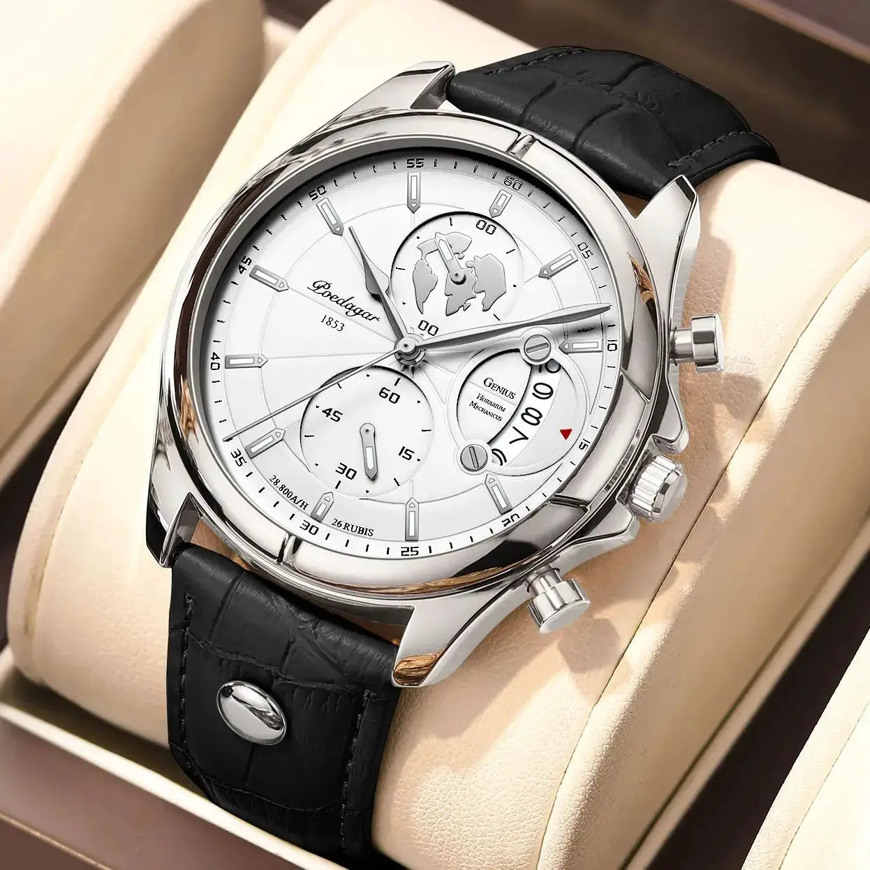 POEDAGAR luxury men's wristwatch with white dial, date, chronograph subdials, black leather strap