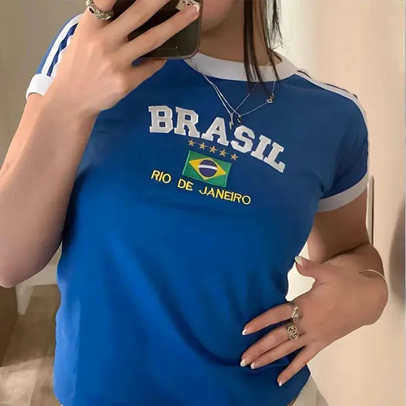 Womens Aesthetic Brasil Letter Print T Shirt And Shorts Set Y2K Grunge