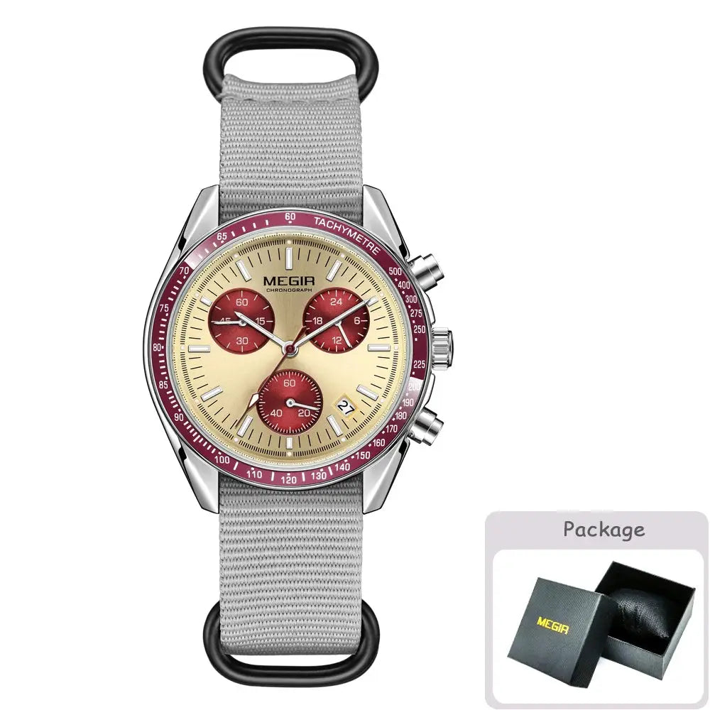 Megir Quartz Chronograph Watch Waterproof Sport Wristwatch With Nylon Strap Luminous Pointers And Date