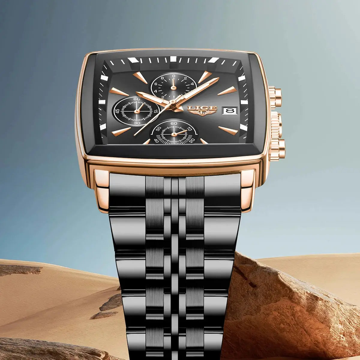 LIGE men's luxury square-dial watch with rose-gold case and stainless-steel bracelet, chronograph, date window, box.