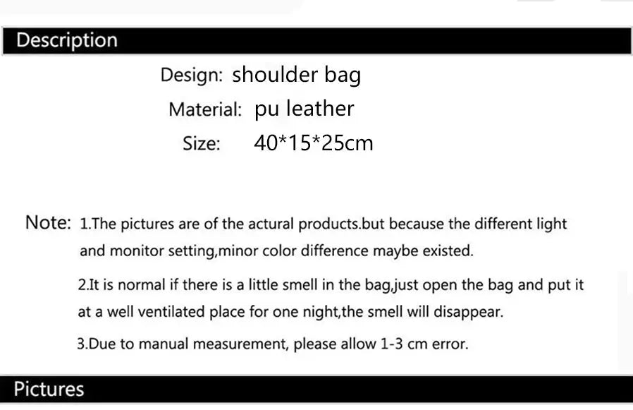 Simples Market PU leather shoulder bag with soft interior, crossbody style; size 40×15×25 cm.