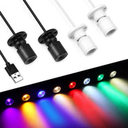 Colorful USB LED spotlight set; 4 mini ceiling spots in black and white with USB plug, displaying multicolor beams